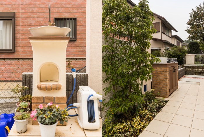 お庭を可愛らしく表現しているアイテムは立水栓と物置のコンビ。どちらもレンガを模した外観なので、お庭の雰囲気に統一感が感じられますね。